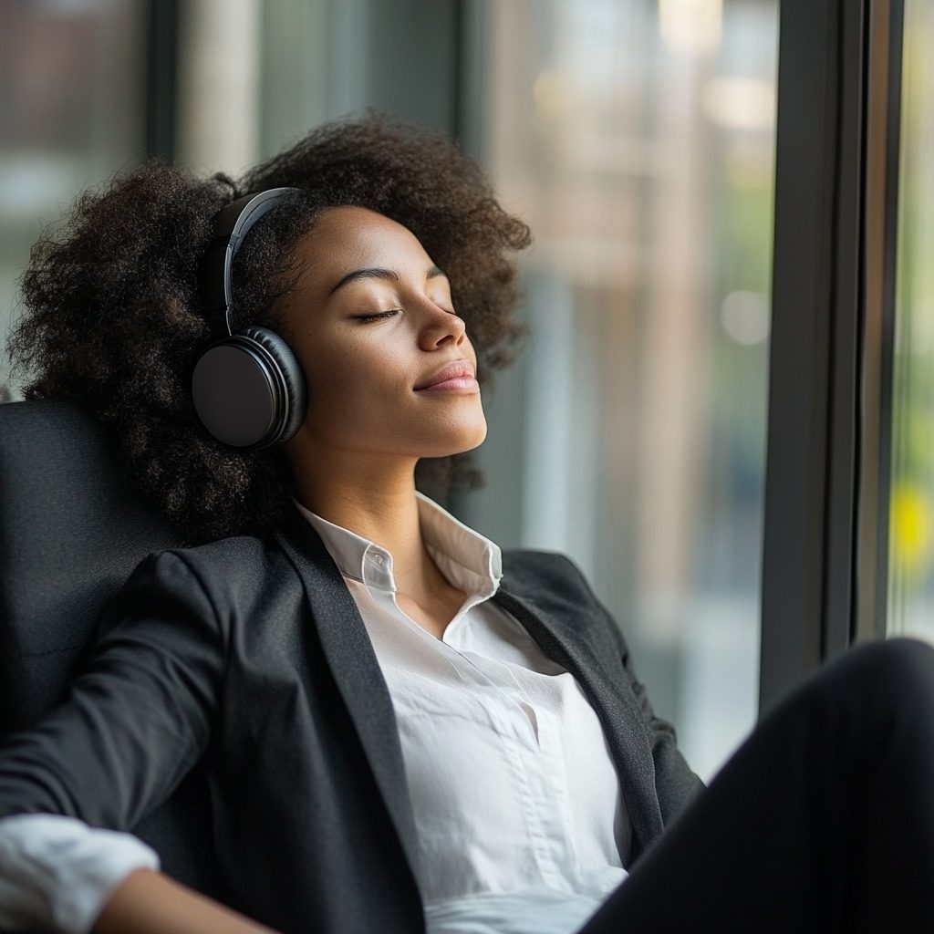 A business woman with Headphones on listeming to music, relaxed in a calm atmosphere Empowerment Hub offering courses and audio resources for women.