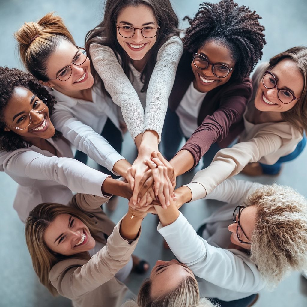 A group of ambitious women joining hands in a show of support and collaboration showcasing the impact of empowerment coaching for ambitious women.